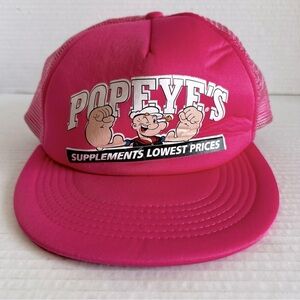 NWOT Popeye's Supplements Pink Trucker Hat Snapback Cap Popeye Logo Foam Mesh